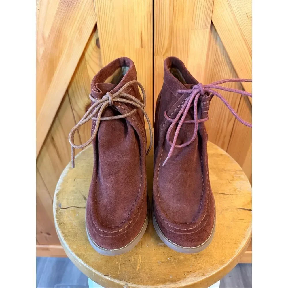 Lucky Brand Ysabel Wedge Ankle Booties In Rust Colored Suede 9M Read